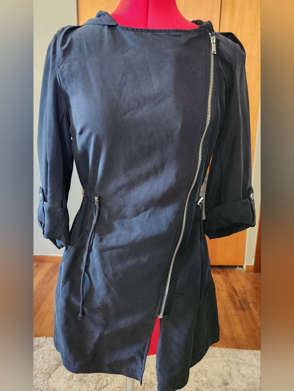 Women’s Black Asymmetric Zip Hooded Coat Size 4